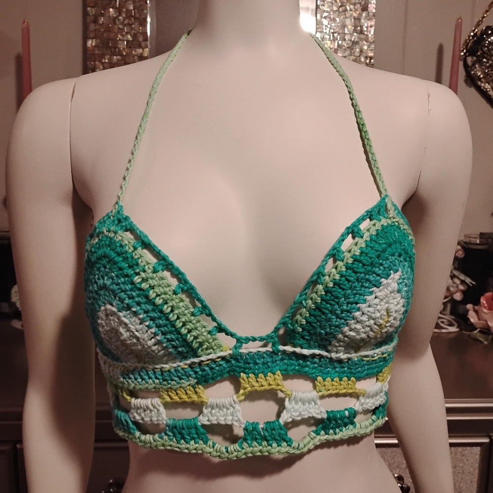 Handmade Crochet Halter Top in Green and Yellow